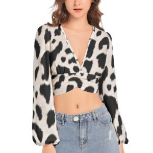 6522c0ce-87c4-11f0-9d1c-0242ac110002.jpg Black & White Animal Print Deep V-Neck Long Sleeve Crop Top – Trendy Women’s Blouse