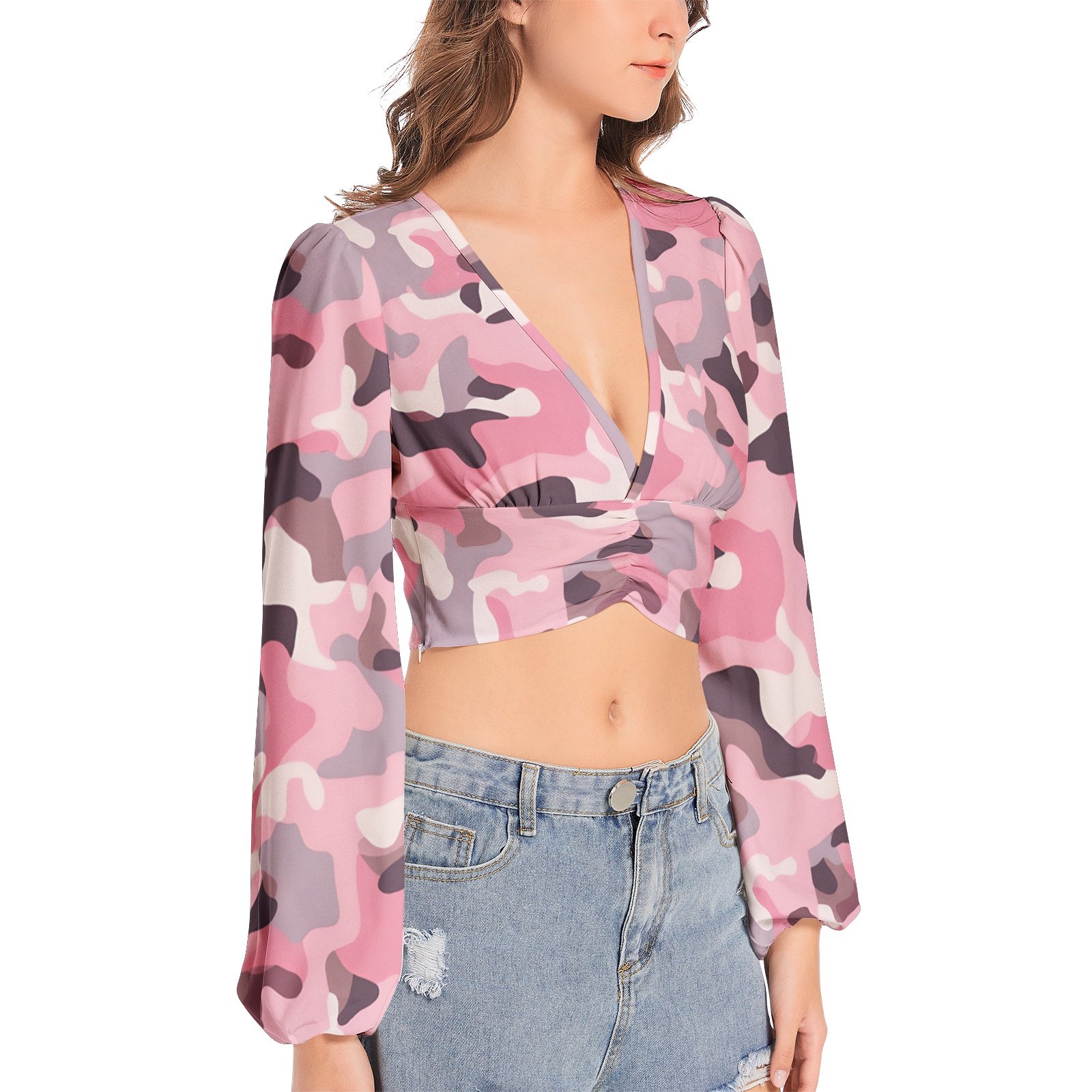 Pink Camo Long Sleeve Crop Top – Bold & Trendy Women’s Streetwear - Image 2
