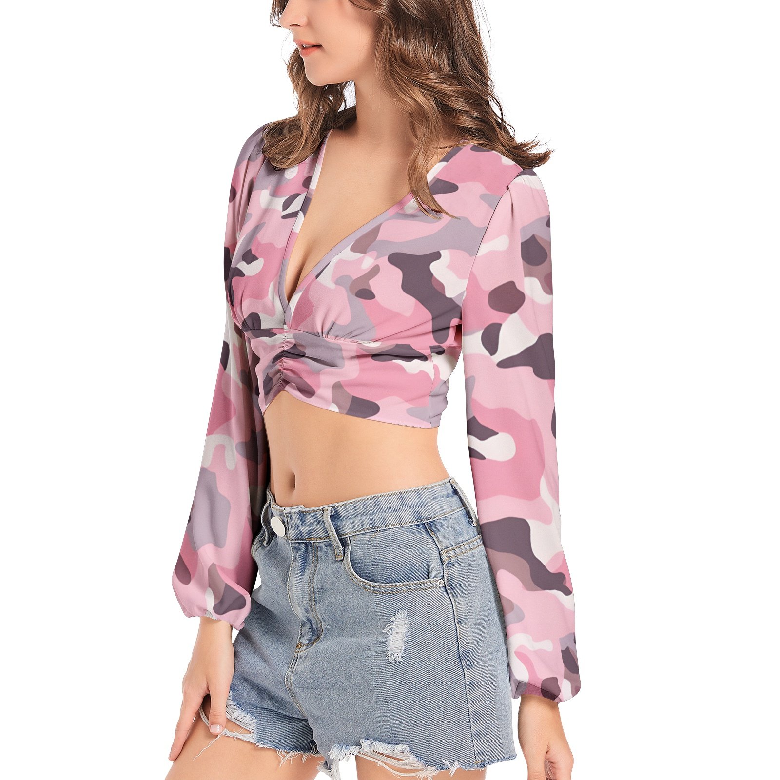 Pink Camo Long Sleeve Crop Top – Bold & Trendy Women’s Streetwear - Image 3